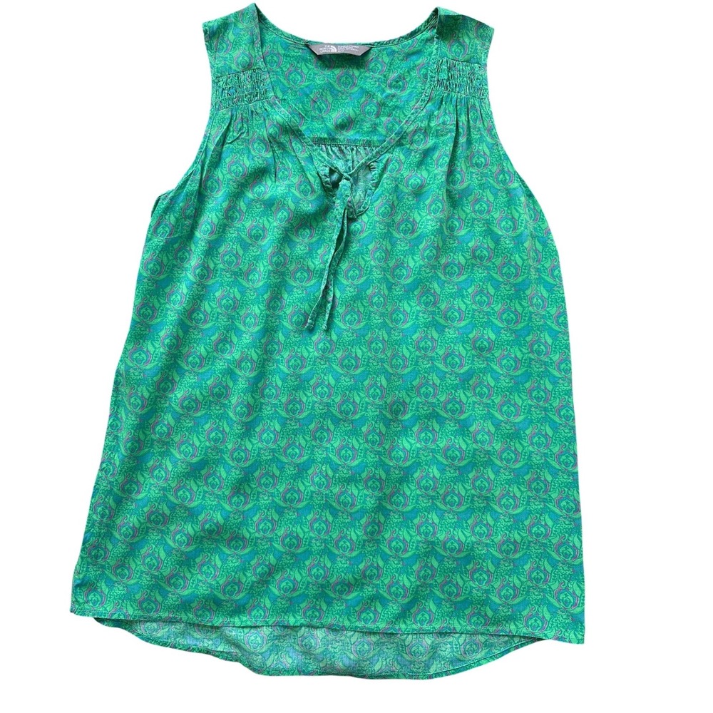 The North Face Sleeveless Blouse Womens Medium Green Excellent Damask‎ Tie Neck